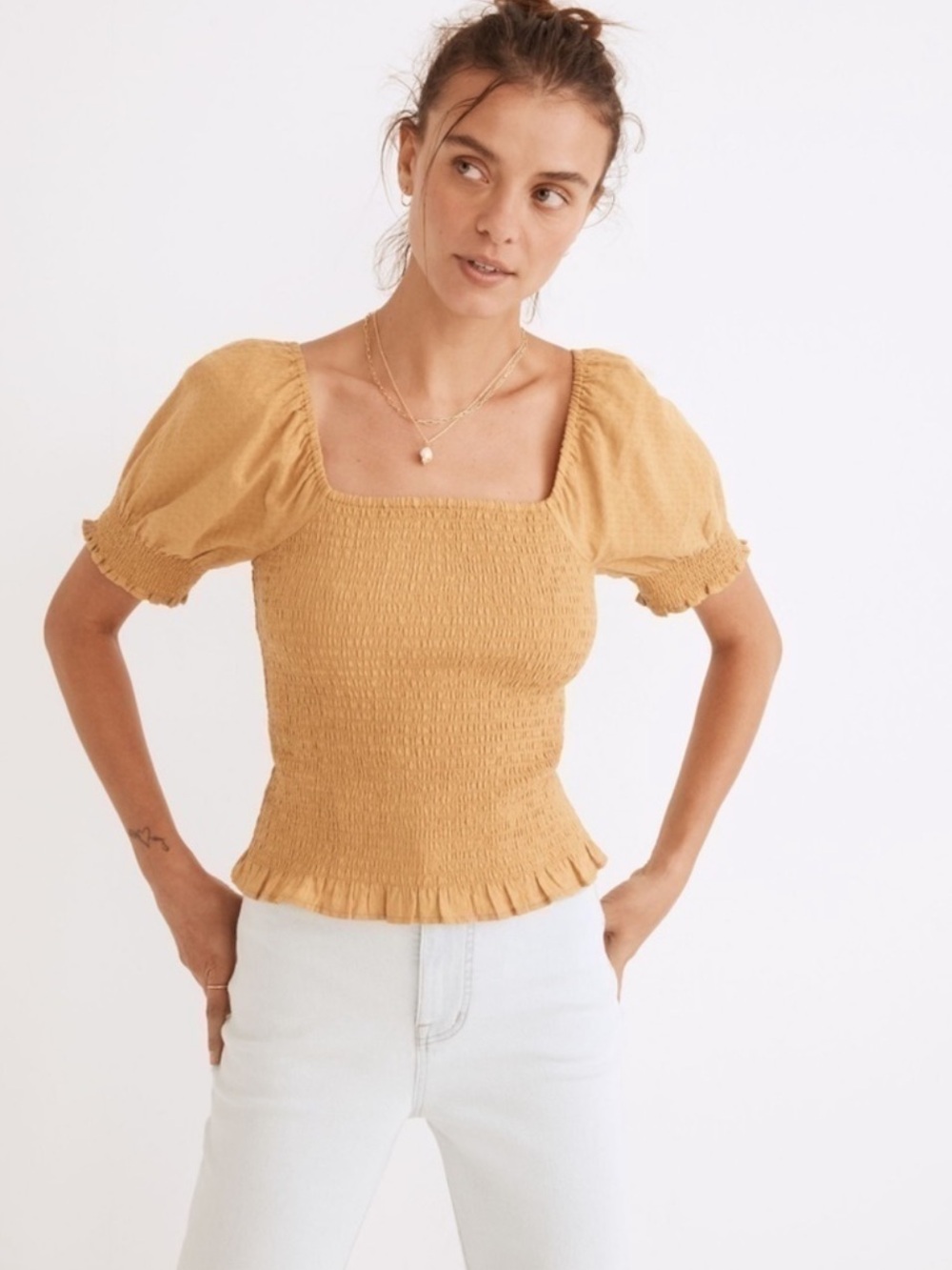 Madewell Lucie Square-Neck Puff Sleeve Top in Mustard Yellow
